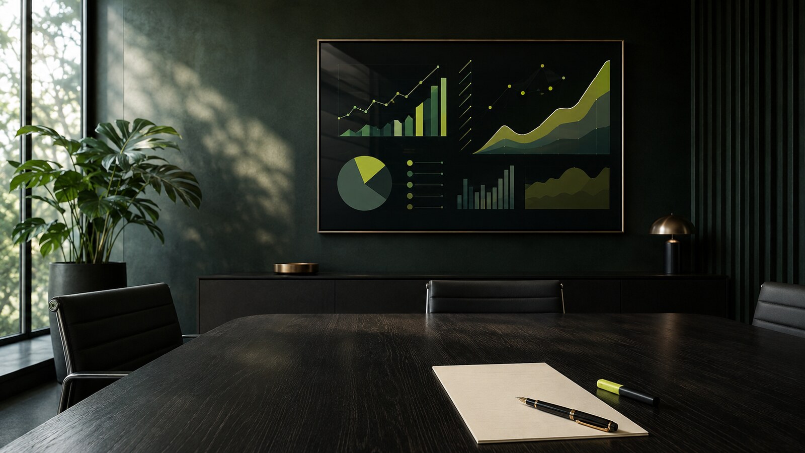 Stijlvol marketingdashboard als wanddecoratie boven een leeg beslisdocument in een bestuurskamer