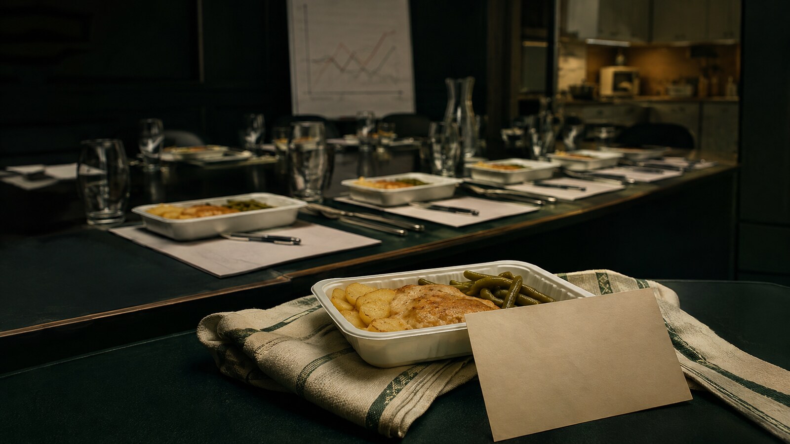 Een teruggebrachte maaltijd uit een gewone keuken voor een formele proeftafel in een directiekamer