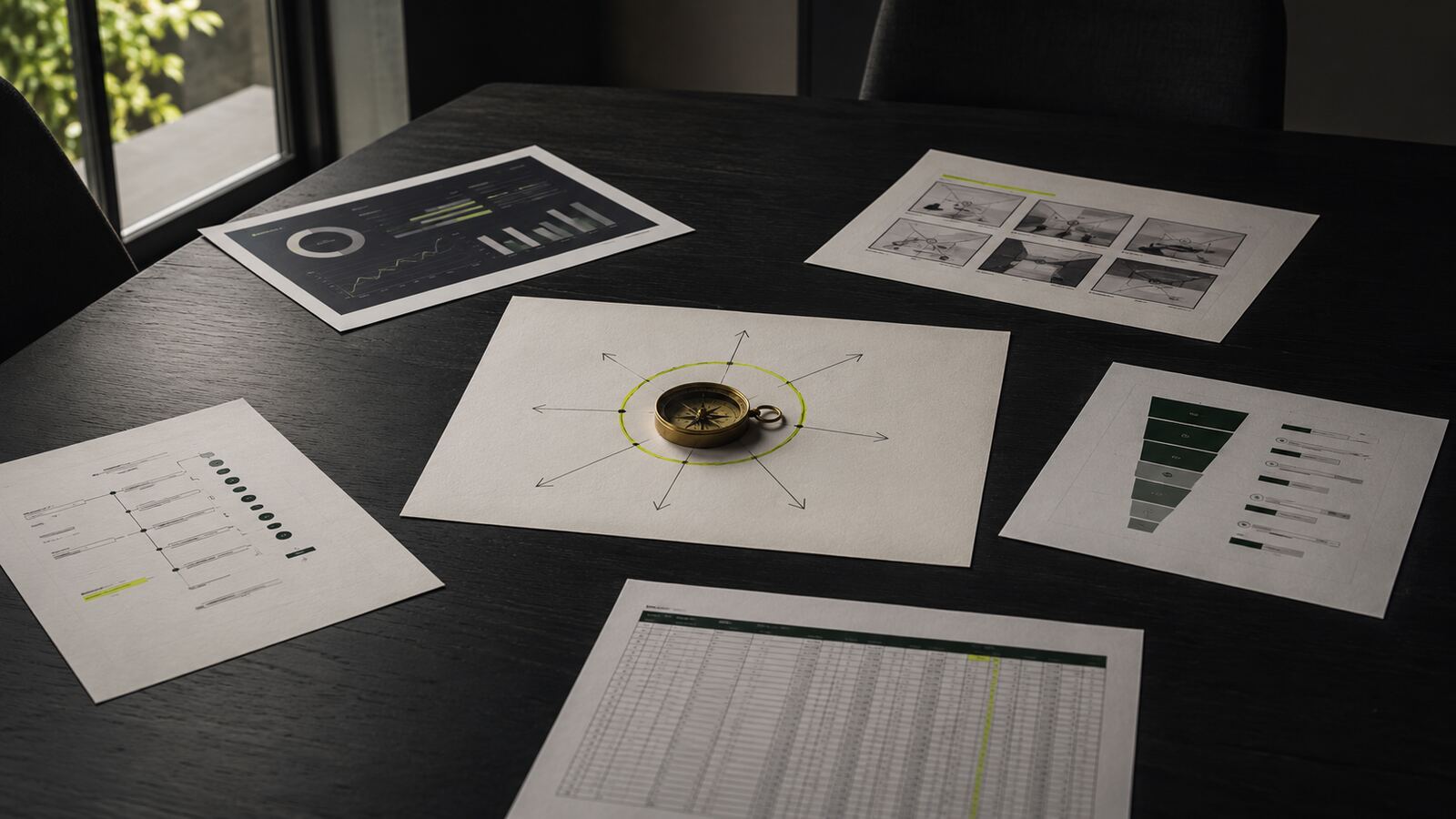 Marketingrapporten en plannen rond een kompas als beeld voor ontbrekende strategische richting